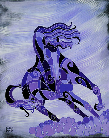 Contemporary Black horse on Purple Background running at angle